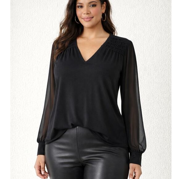 Calvin Klein Tops - NEW! Calvin Klein liquid Knit V Neck shoulder smocking sheer sleeves top size 2X